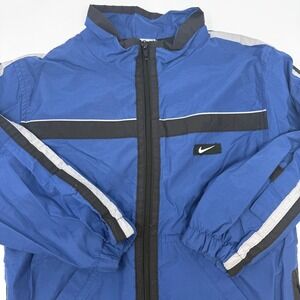 Vintage‎ Nike Youth Medium 6 Blue Black Striped Full Zip Windbreaker Jacket